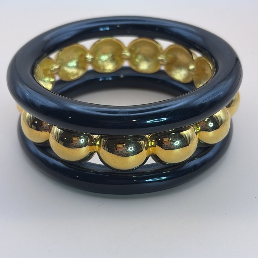 Vintage Black Lucite Bangle Bracelet Gold Balls Chunky Wide Pierre Cardin Style